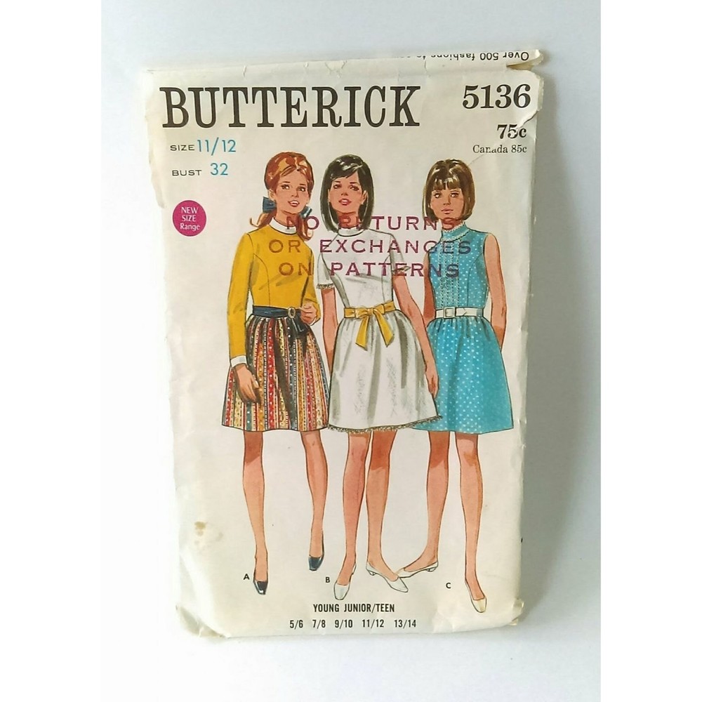 Vintage Butterick 5136 1960s Teen Size 11/12 Dress Bust 32 Sewing Pattern